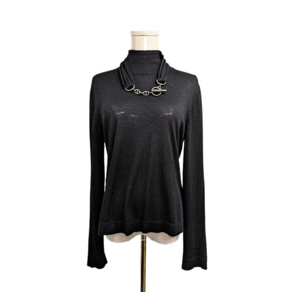 Hermes Black Cashmere Silk Chain D'Ancre Mock Turtleneck Gaultier 2007 Size 42 - Picture 1 of 9
